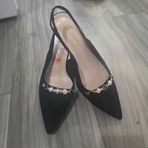 TOP Moda Black Pointed Slingback Flats with Gold Chain and Pearl Accents